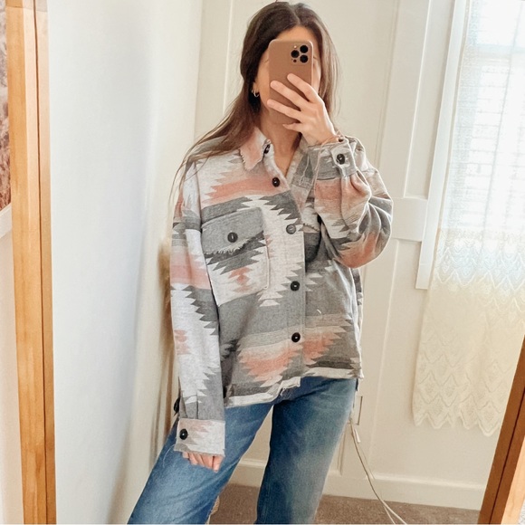 La Miel Aztec Print Boxy Raw Hem Jacket - Picture 2 of 8